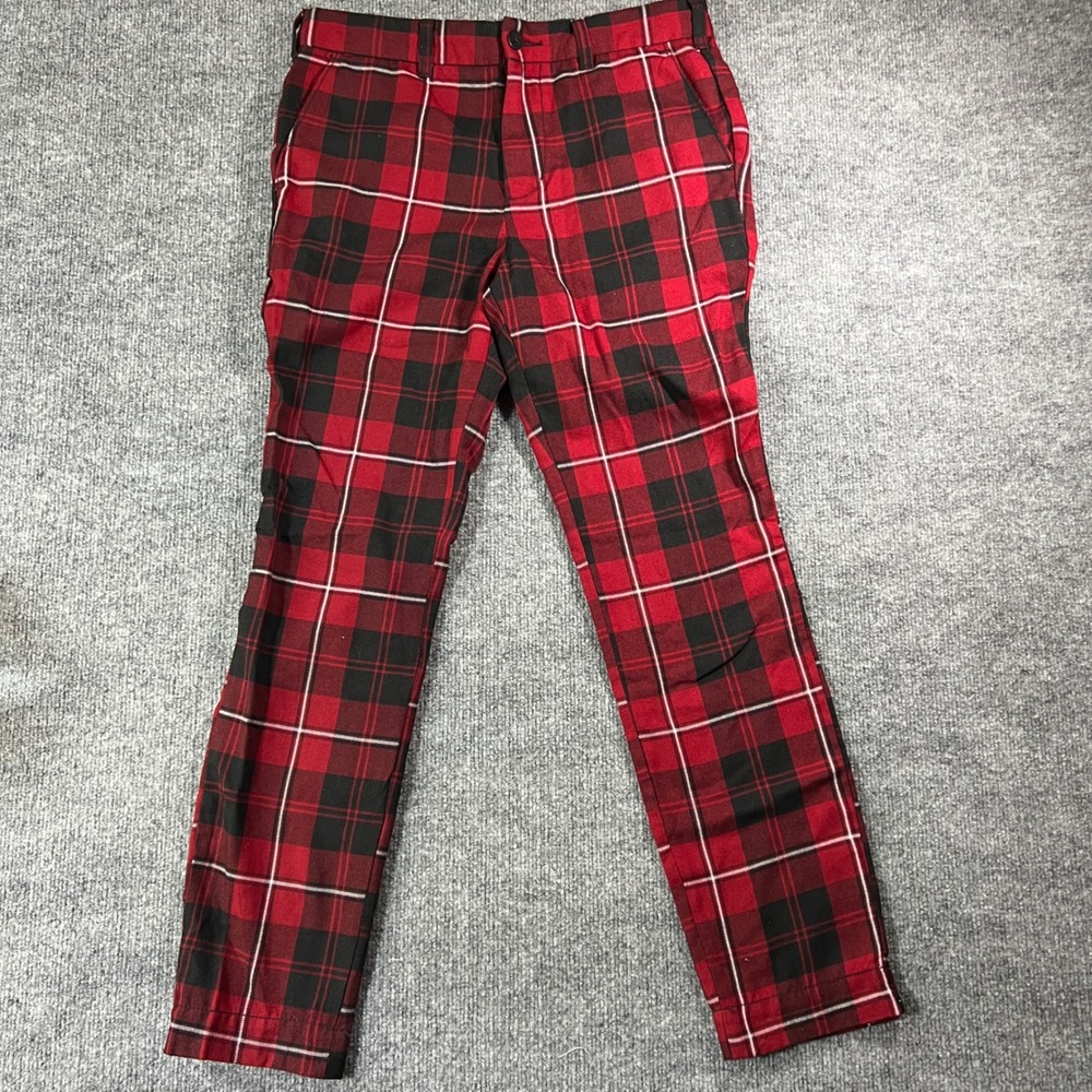 PacSun Mens Plaid Skinny Chino Pants Red Black Tartan Trousers Size 30x30